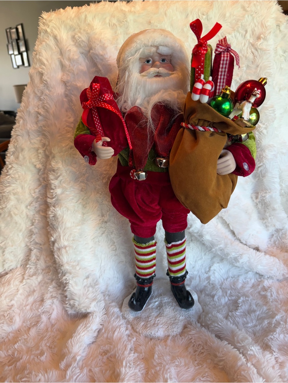Source Unknown Red and Green Plush Santa Figurine with Gift Sack and Ornaments